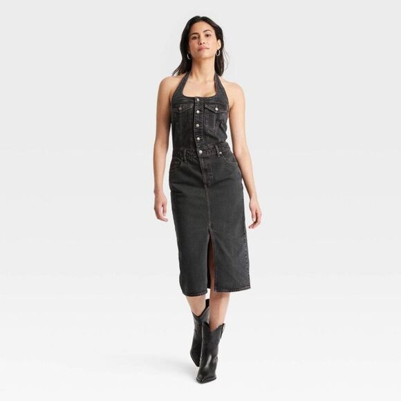 Universal Thread - Women's Denim Midi Dress - Universal Thread Black Black - Picture 1 of 3